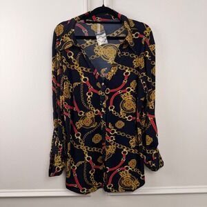 Navy Gold Baroque Chain Print Button Up Blouse 2X Stretch Jersey NEW